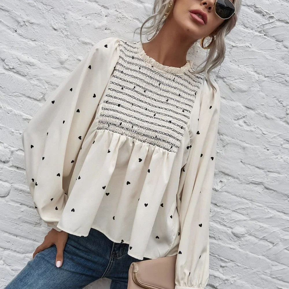 Beige Casual Womens Heart Print Shirred Peplum Blouse - Picture 4 of 5